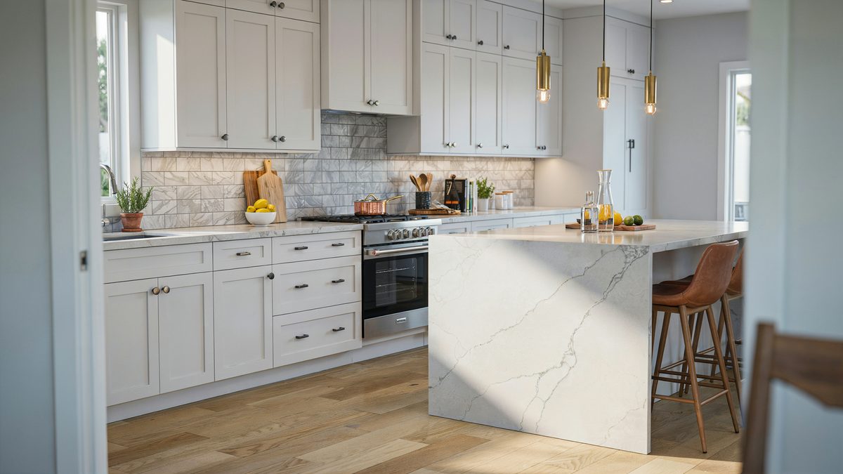 Marble waterfall island and subway backsplash paired with slim gold pendants