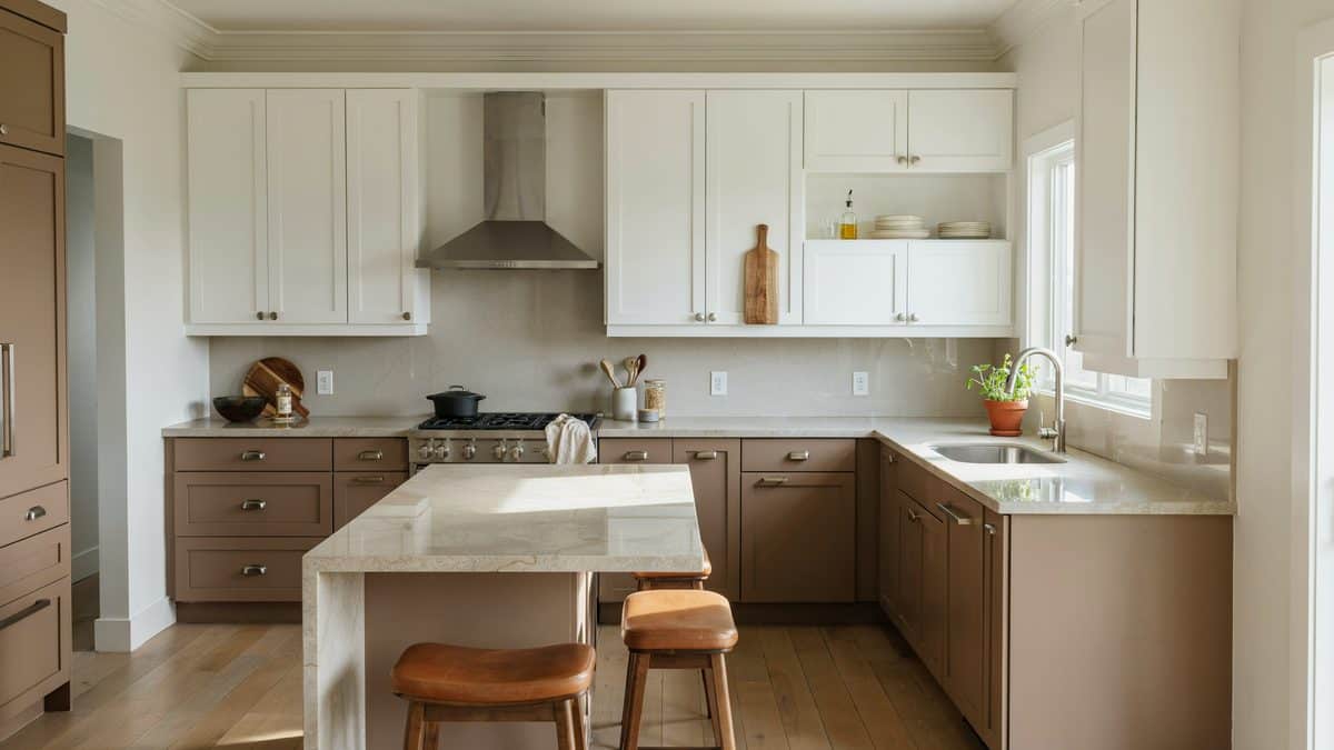 Taupe base cabinets and white uppers meet a light beige stone island