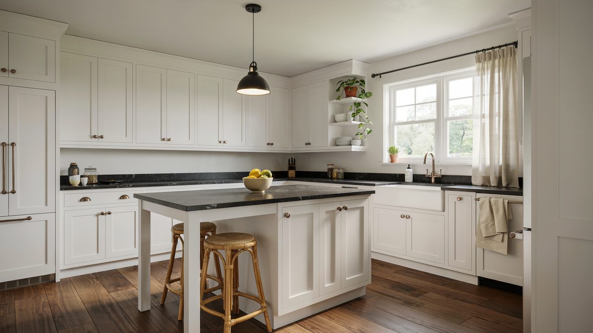 Black granite counters and recessed panel cabinets over dark hardwood floors
