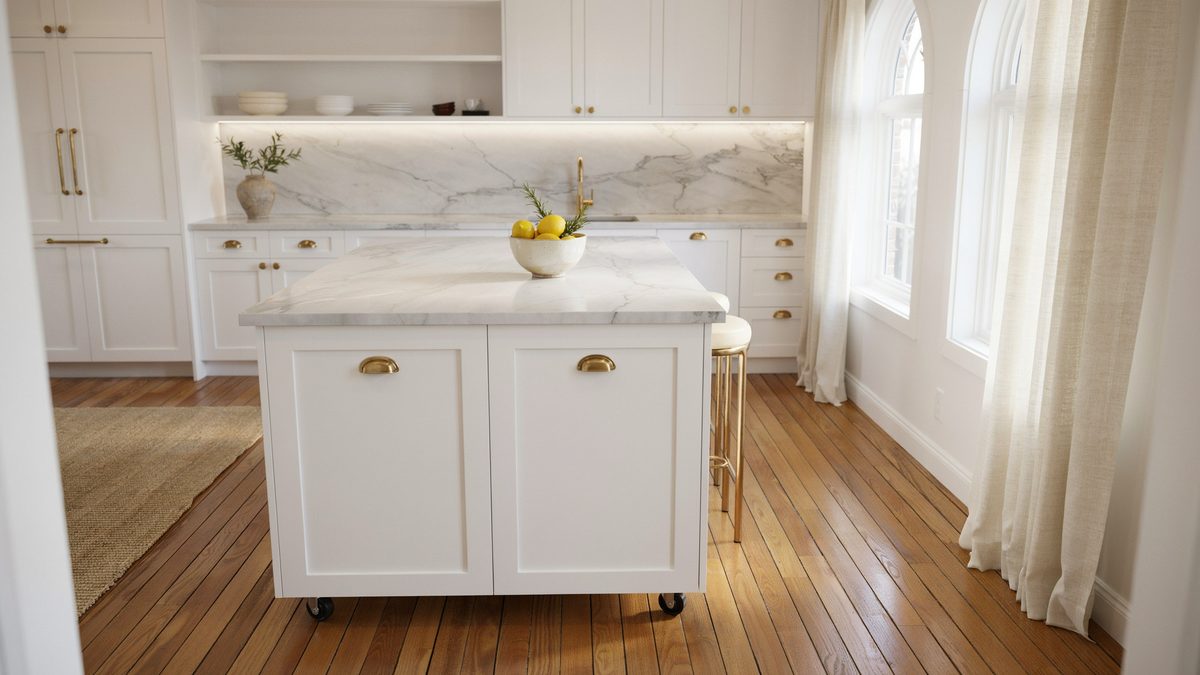 Compact rolling island with a marble top sits beside a lit shelf niche