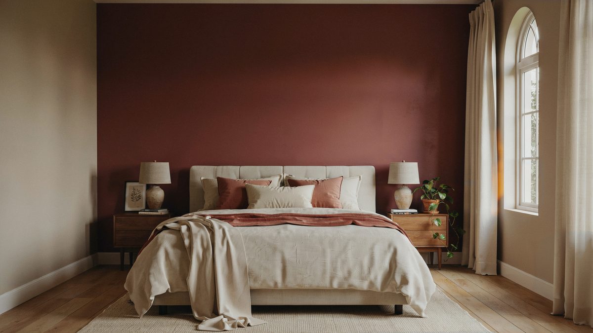 Deep burgundy accent wall behind an ivory tufted bed with greige side walls