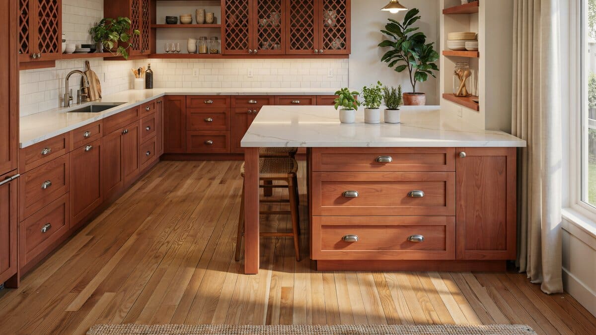 L shaped cherry cabinets with a bi level island, lattice fronts and potted plants