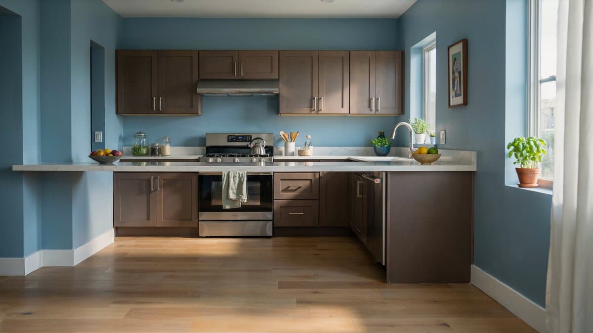 Windy blue walls paired with medium brown contemporary kitchen cabinets