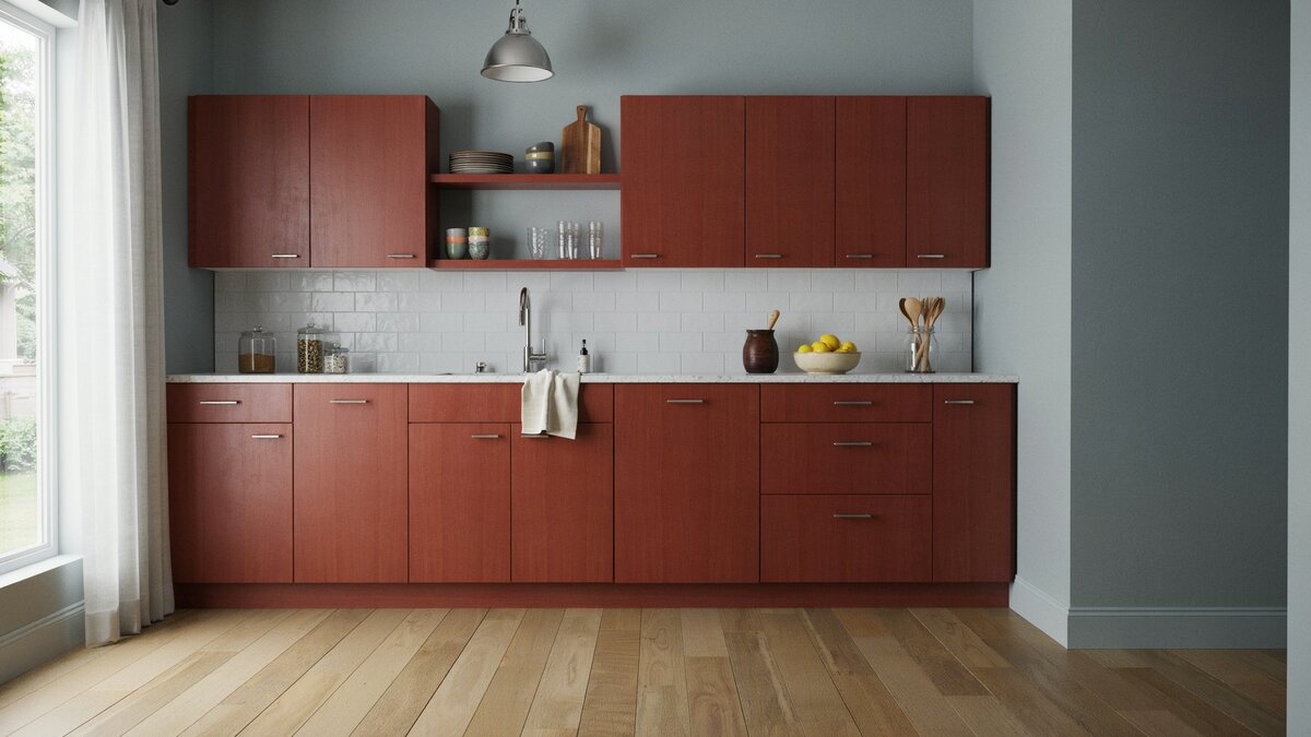 Cool gray walls balancing the red undertones of cherry finish cabinets