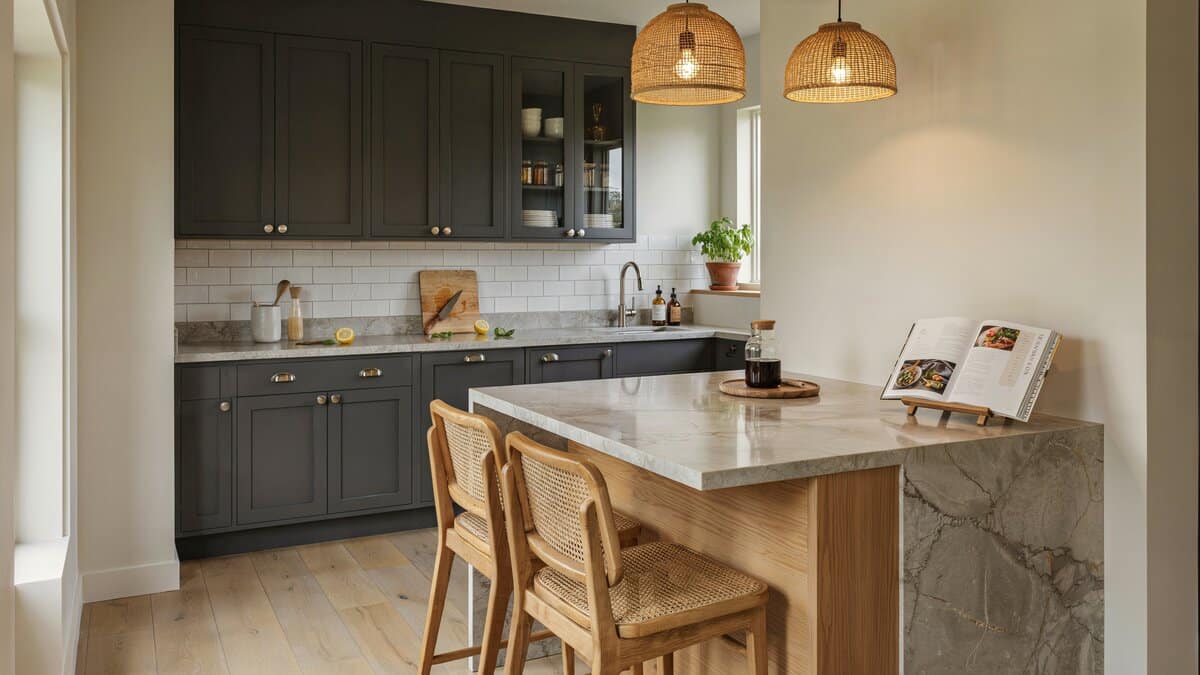Ivory walls lightening dark espresso shaker cabinets in a contemporary kitchen
