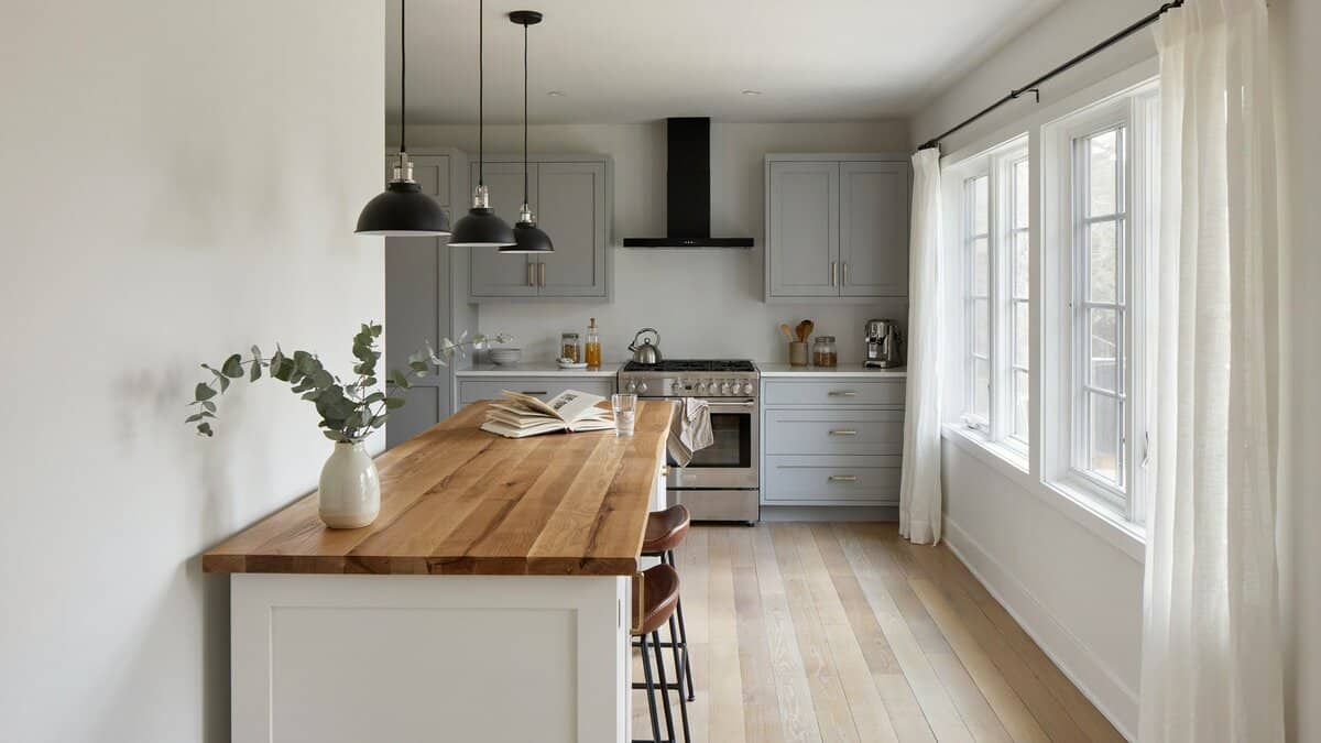 Rustic wood island top and black range hood among gray cabinets and light gray walls