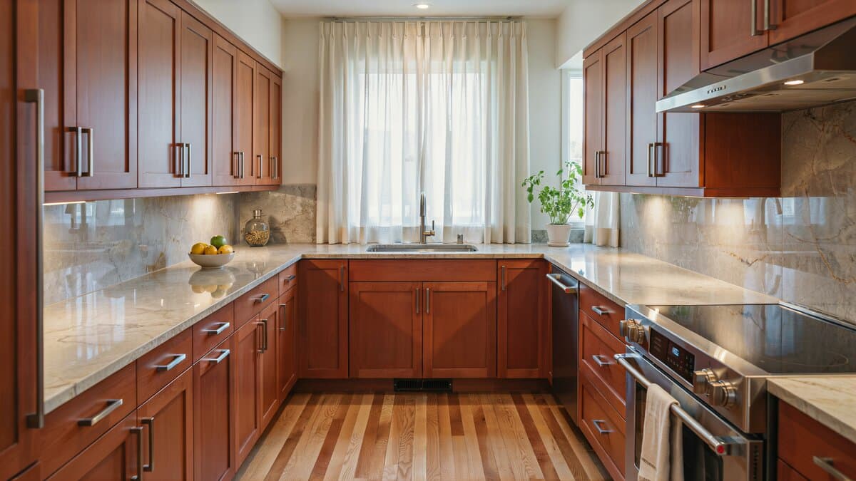 Ivory fantasy granite counters with cherry cabinets and light curtained windows