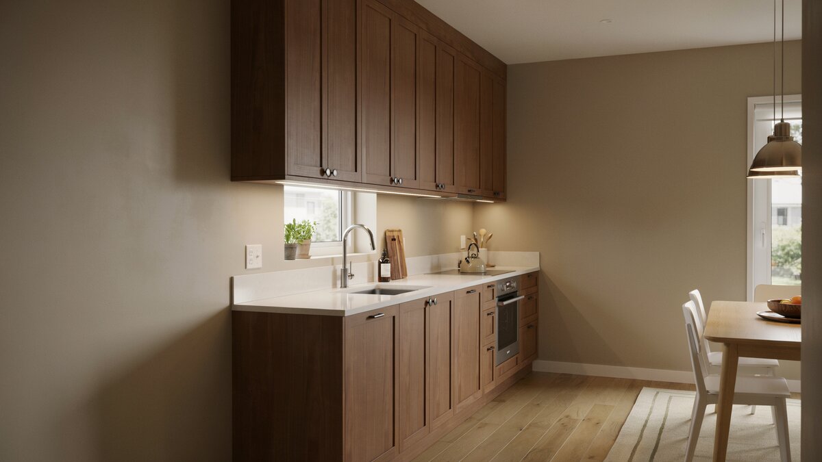 Light brown walls with brown cabinets, white counters and white dining chairs