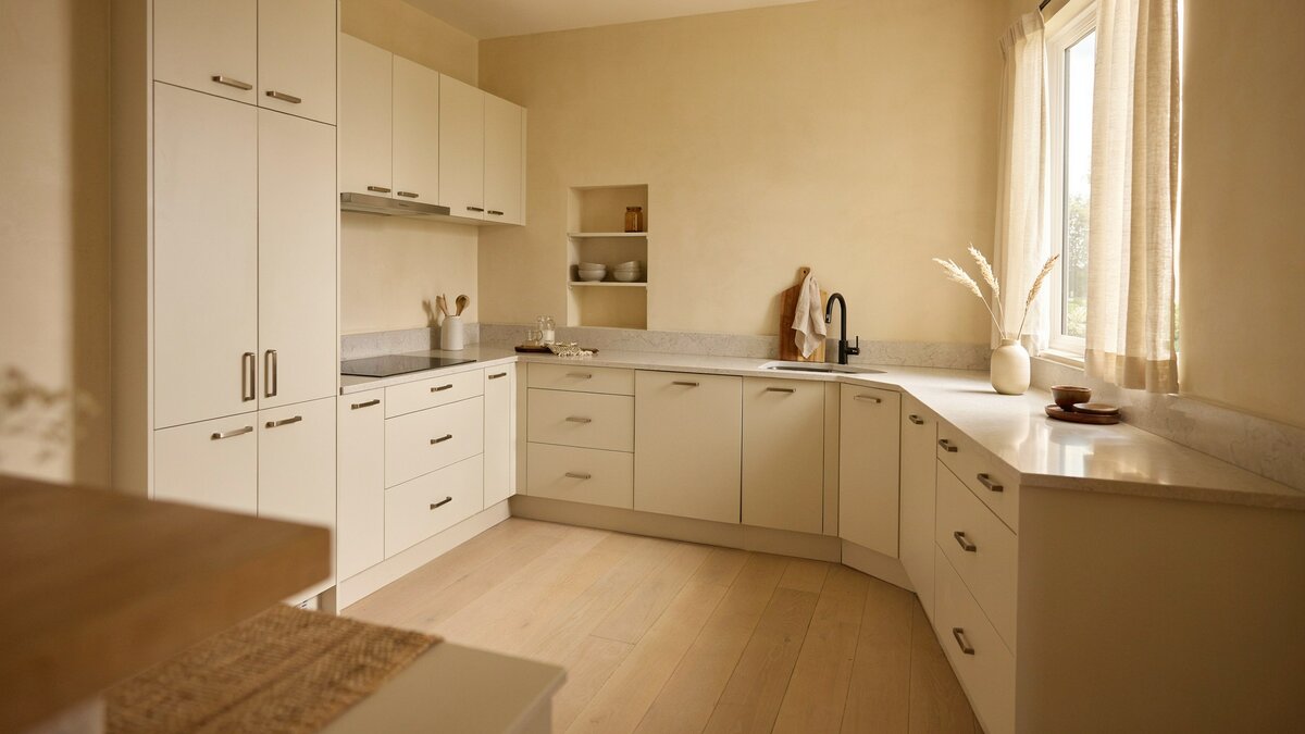 Soft neutral yellow walls wrapping an L shaped contemporary kitchen with white cabinets