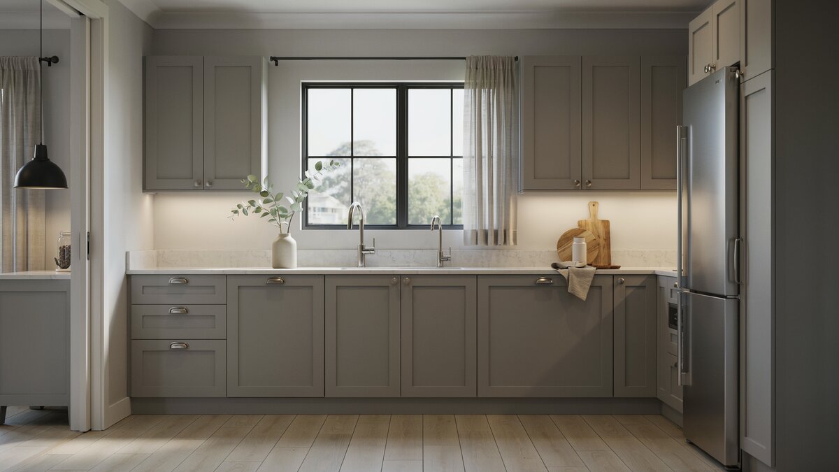Pewter gray cabinets set against gray semi gloss painted contemporary kitchen walls