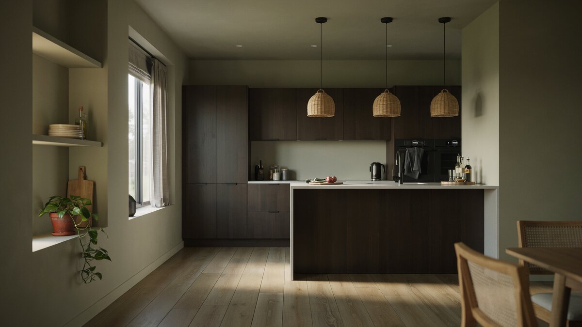 Prairie grass wall color with dark European cabinets over light wood floors