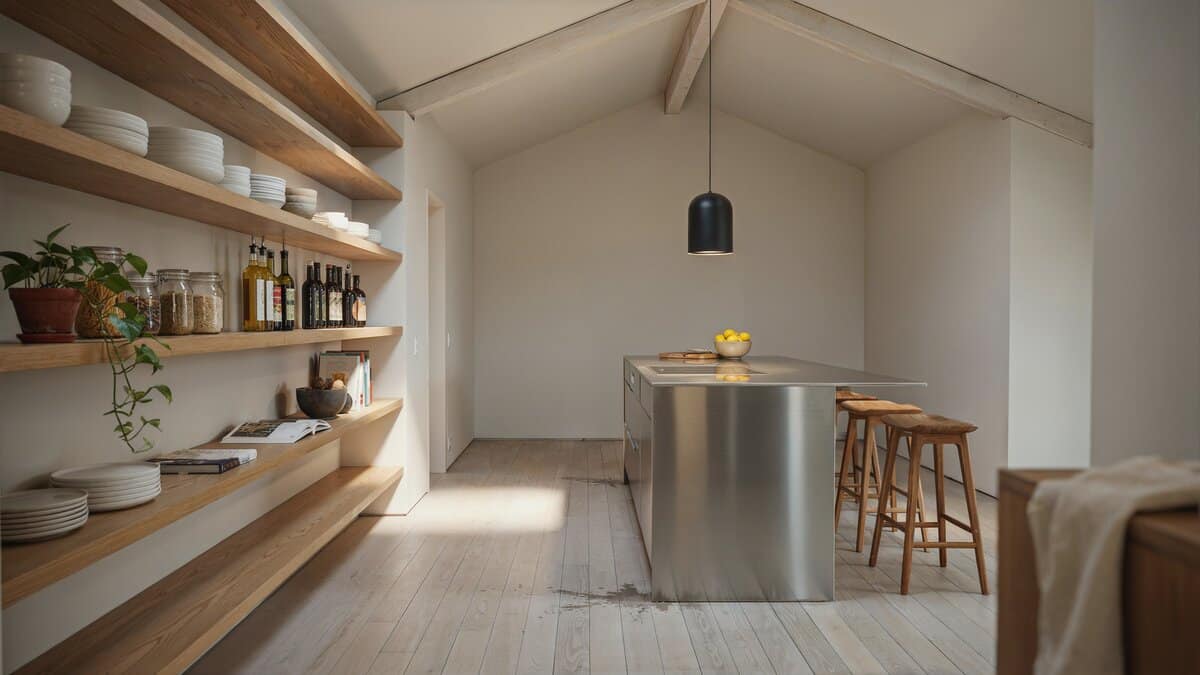Stainless steel island under a vaulted ceiling with long oak shelves stacked along one wall