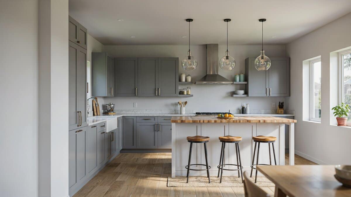 Gray perimeter cabinets contrasting a white butcher block island with iron stools