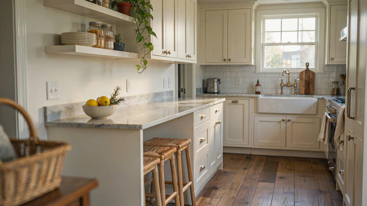 Long breakfast bar island with warm white cabinets and white tile backsplash