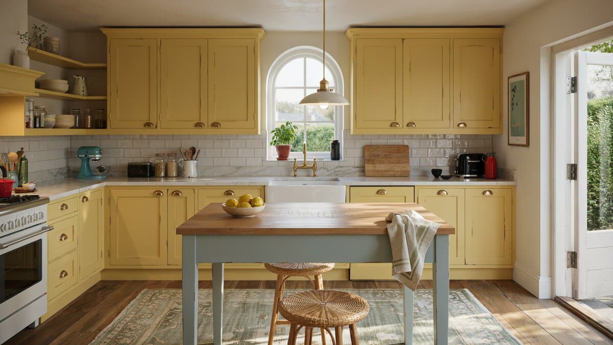 Mellow yellow cabinets paired with a light blue painted island in a cottage kitchen