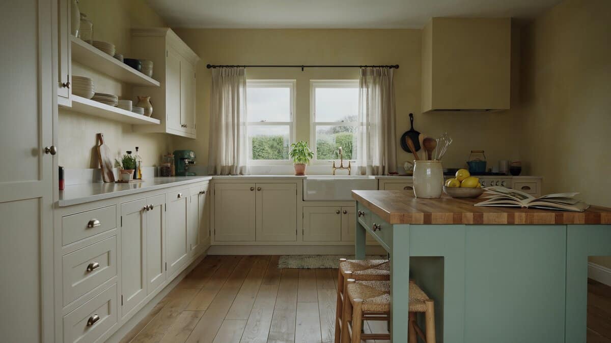 Pastel painted island and white cabinets under muted yellow country kitchen walls