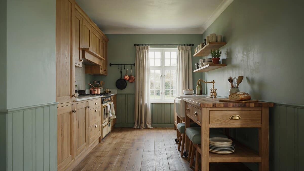 Muted green walls with natural wood cabinets and a rolling island on casters