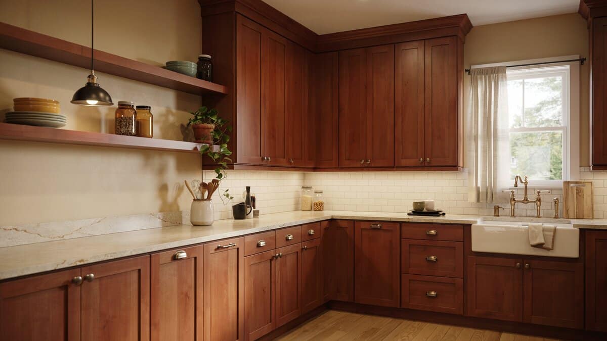 Warm earth tone tan walls surrounding cherry wood craftsman cabinetry