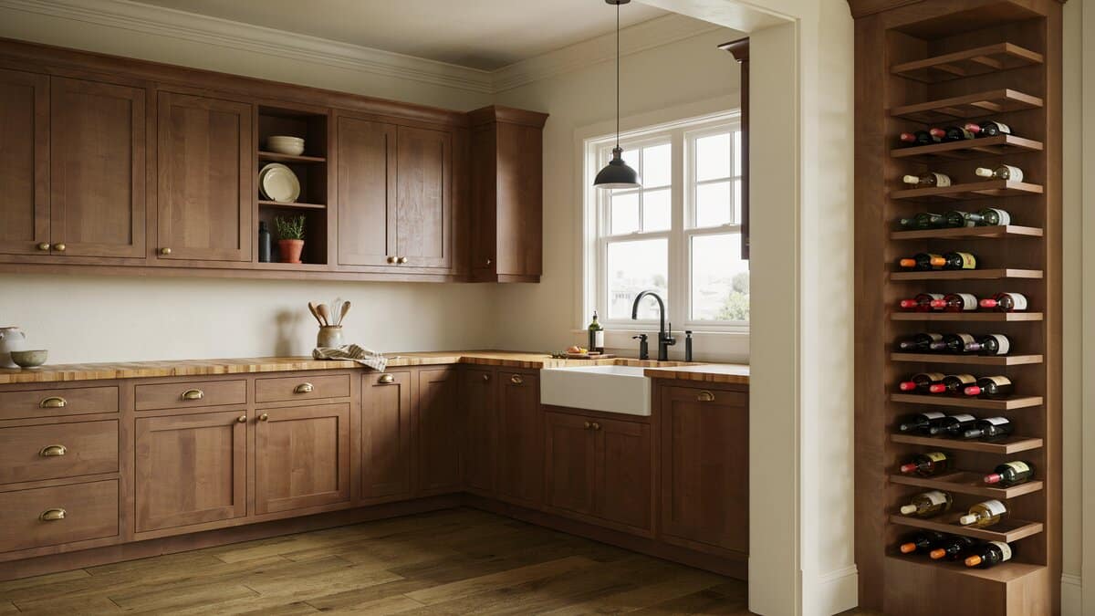 Cream walls and white trim framing dark craftsman cabinets with butcher block counters
