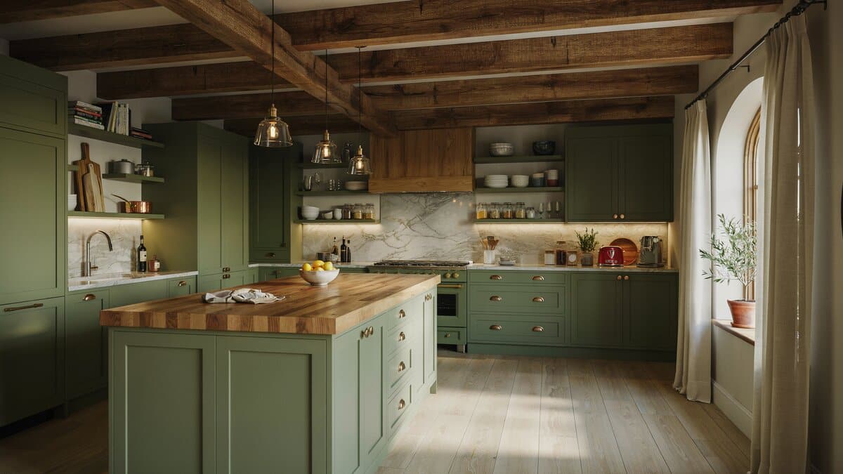 Olive green walls and exposed beams over a large craftsman island with warm lighting