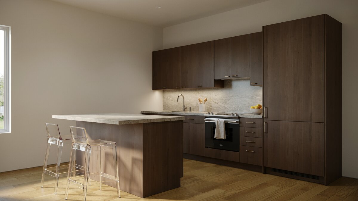 Beige walls and light granite counters with dark cabinets and clear acrylic stools