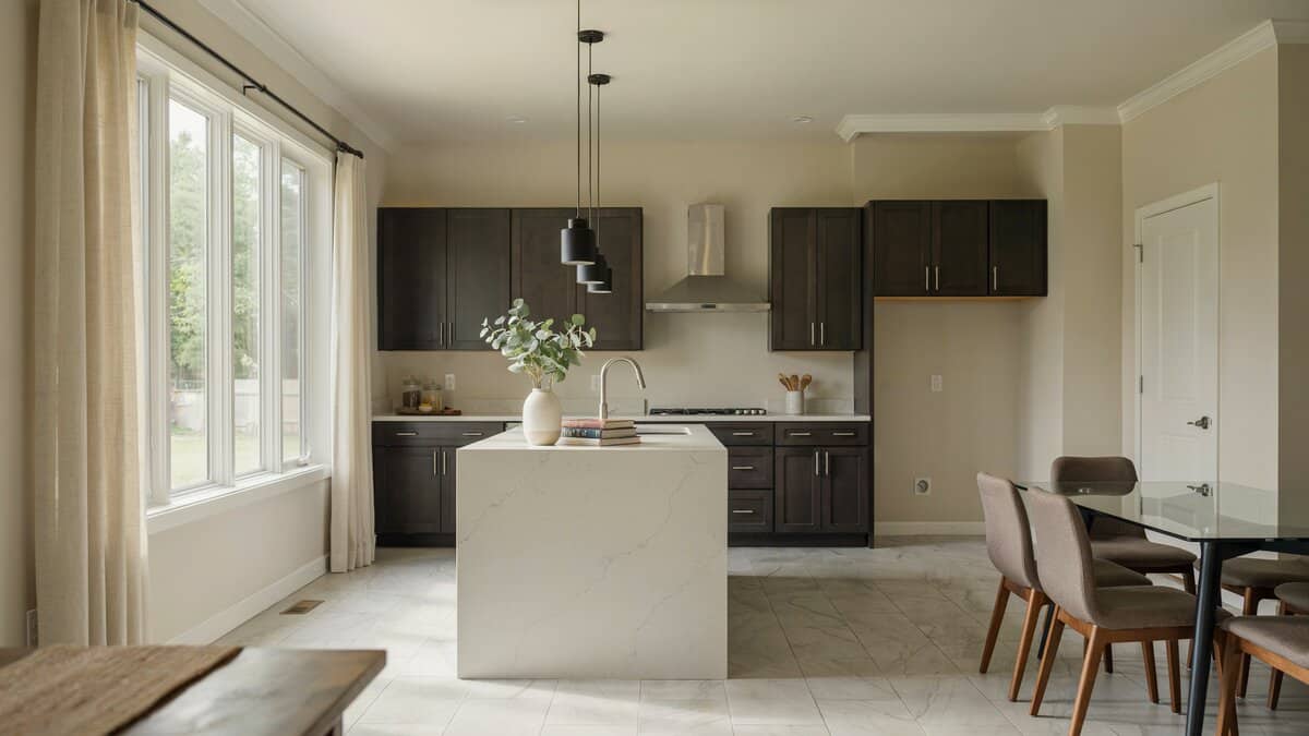 White marble tile floors and picture windows beside dark cabinets and gray walls