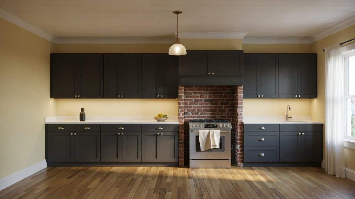 Soft yellow walls and a shiplap ceiling above black cabinets and a brick range surround