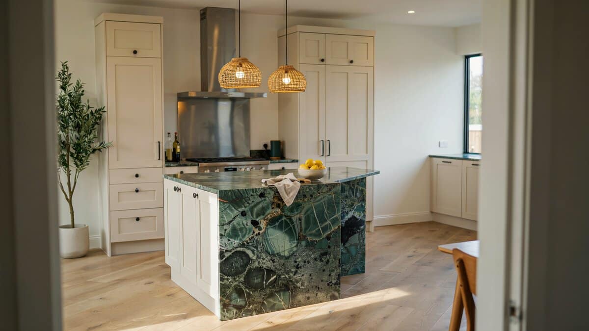 Brazilian green granite island top beneath a stainless range hood and cream cabinets