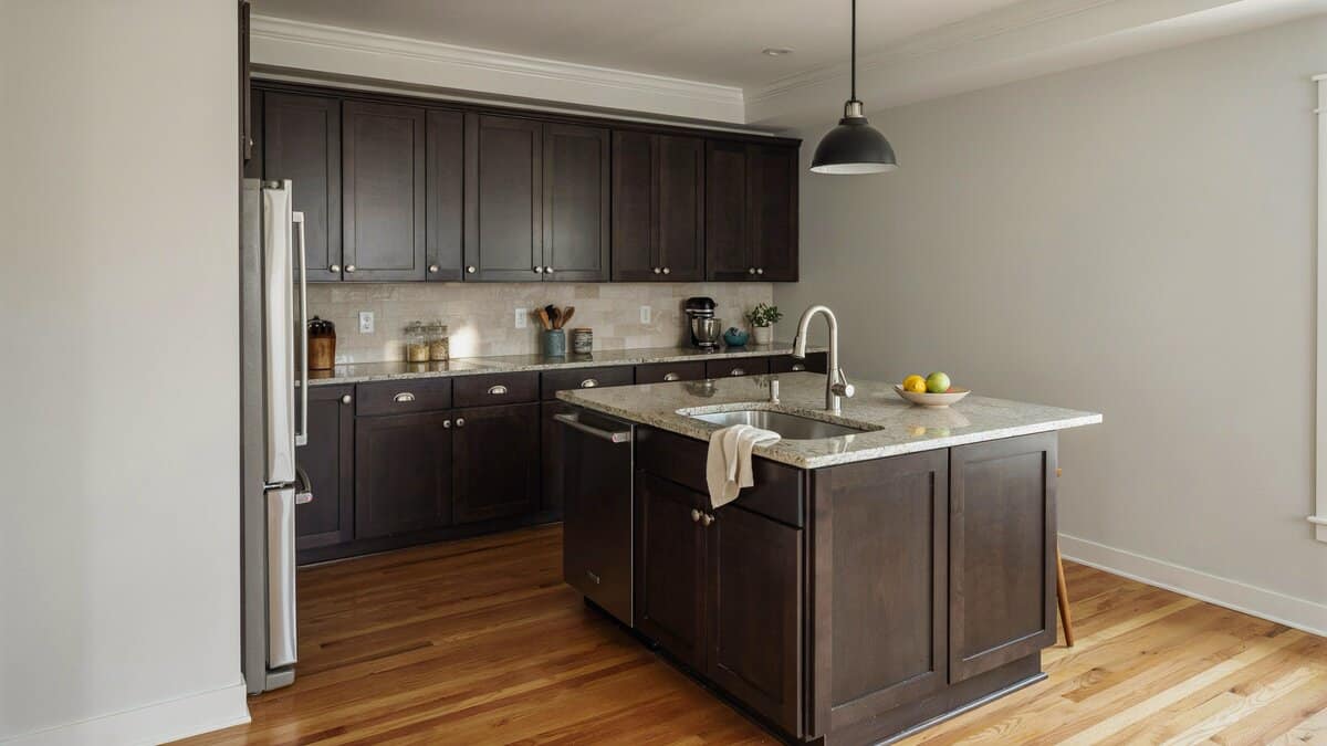 Soft gray walls and crown molding with dark cabinets and beige granite counters