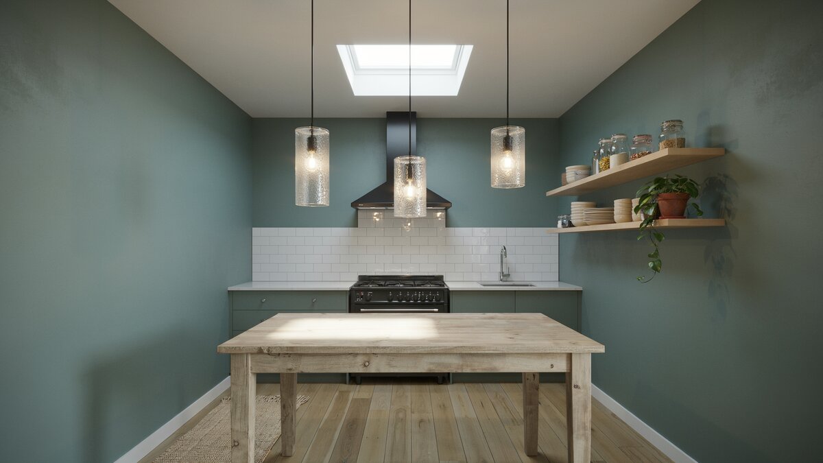 Deep green walls and a skylight above a bleached wood island and white subway tile