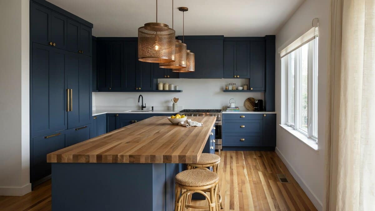 Navy blue cabinets paired with a butcher block island and three woven drum pendants