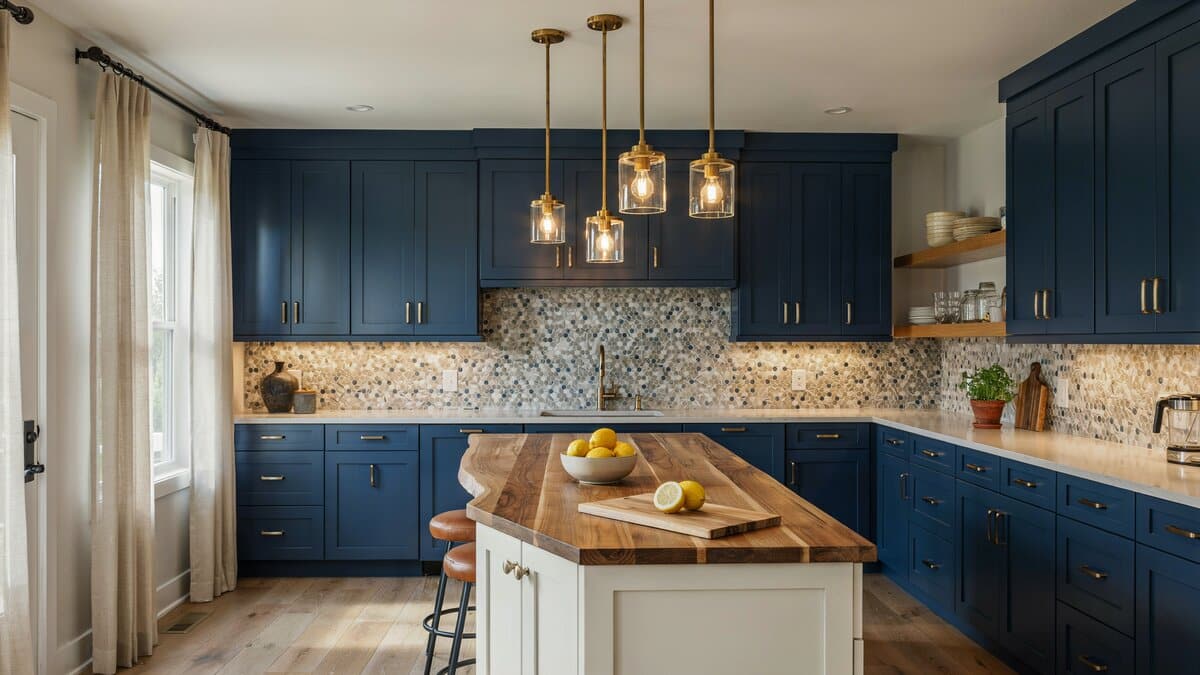 Navy painted cabinets with a wood island top, mosaic backsplash and drum pendants