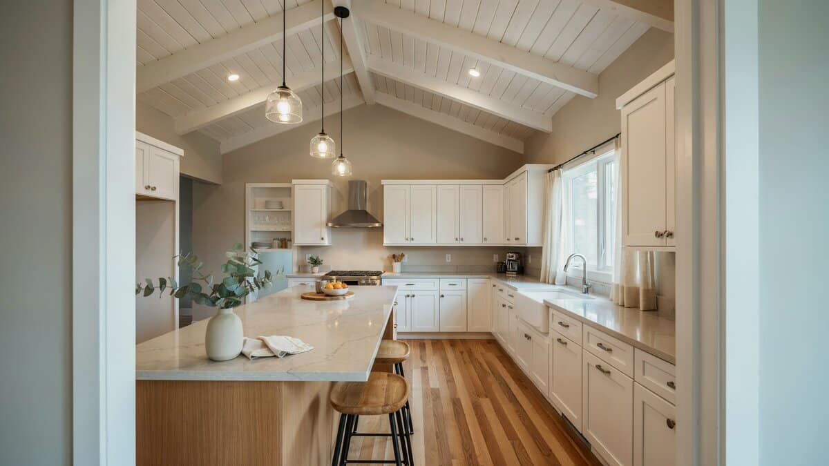 Vaulted ceiling over greige walls, white cabinets and pale quartz countertops