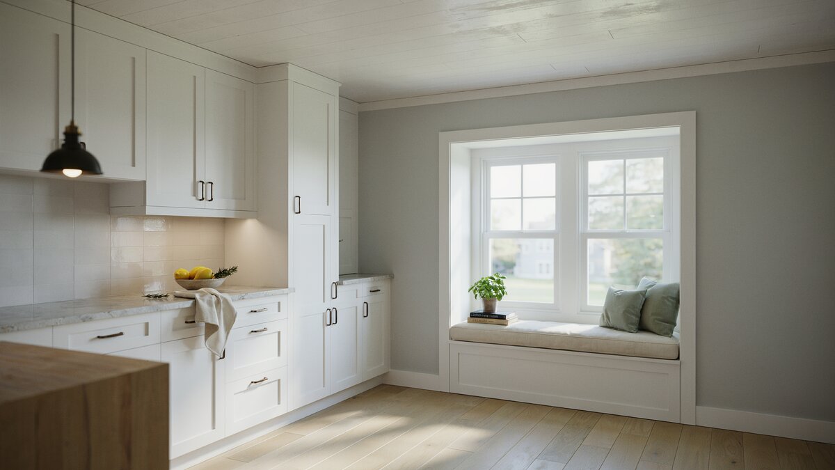White plank ceiling and light gray walls above white cabinets and a built in window seat