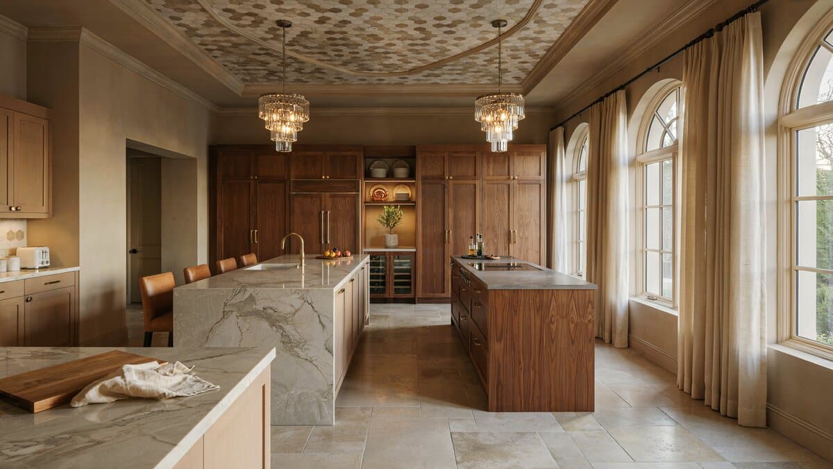 Tan walls and two chandeliers above rich brown cabinets and a pair of islands