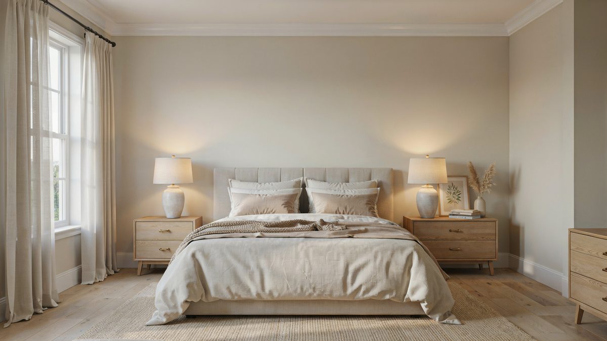Beige walls meeting a matching beige ceiling edged in white crown molding