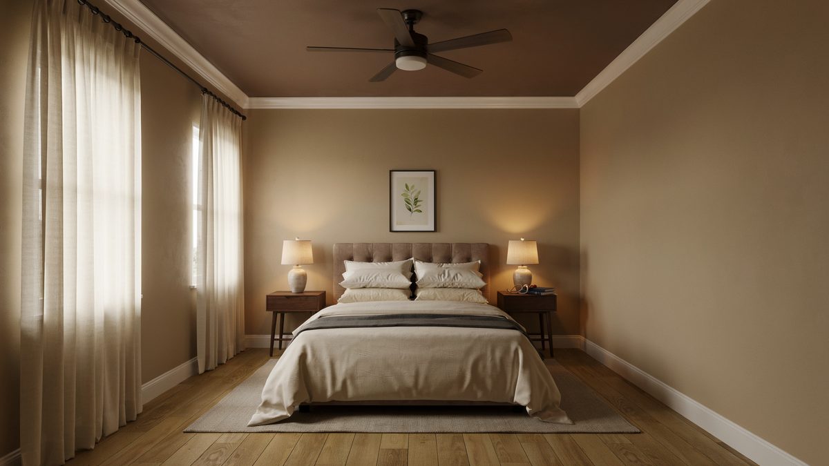 Tan bedroom walls under a coffee brown ceiling with a dark ceiling fan