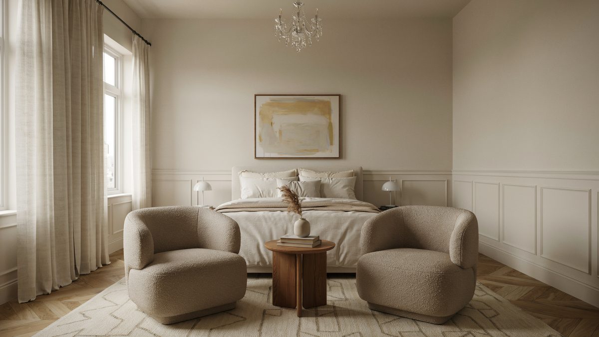Two boucle armchairs and a chandelier in a greige wainscoted bedroom