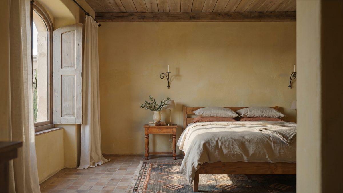 Golden plaster walls, wood plank ceiling and a carved oak bed frame