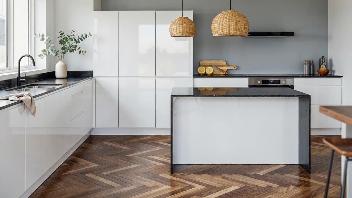 High gloss white cabinets against a gray wall with black counters and dark floors