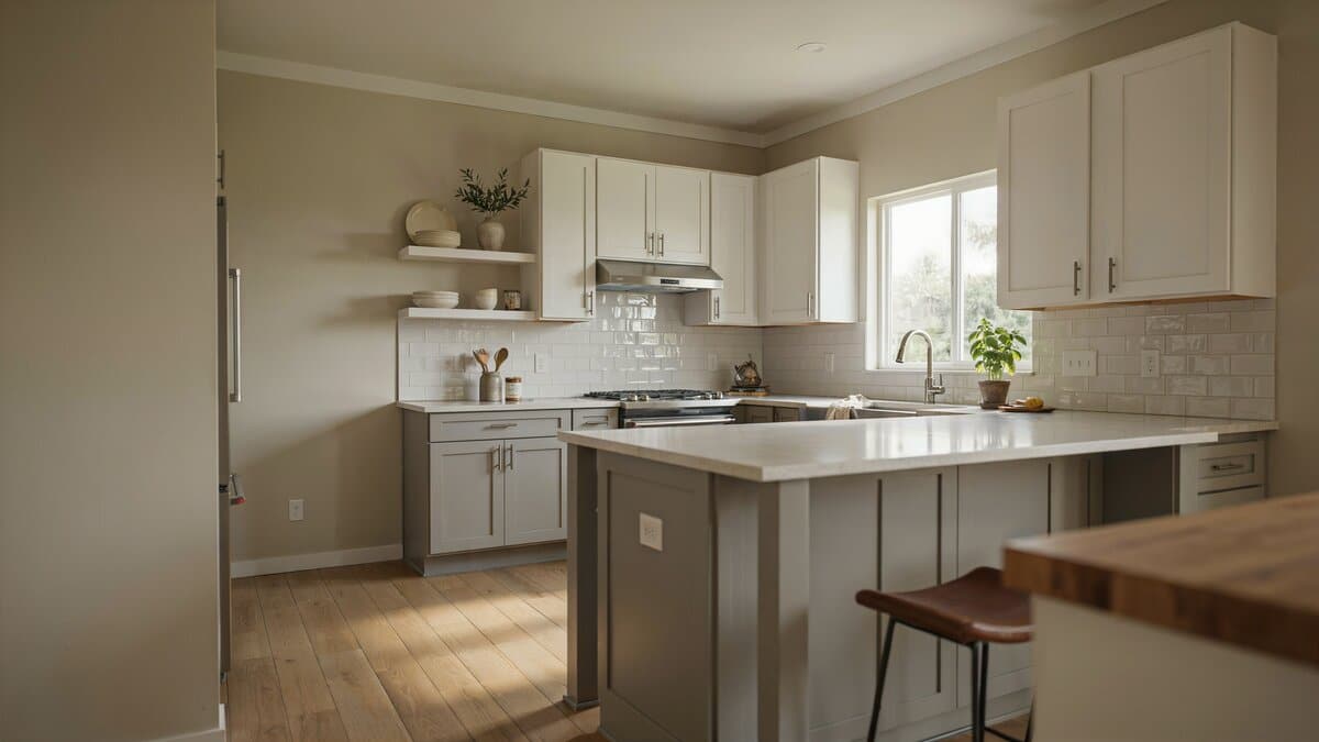 Fresh tile backsplash with solid white counters, gray walls and a gray island