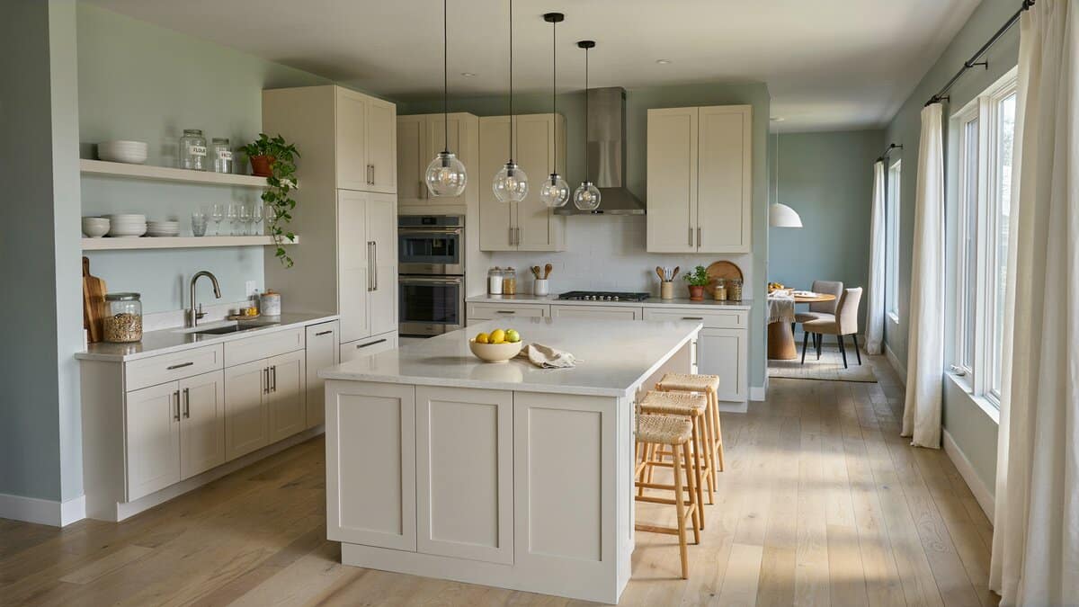 Light green walls opening onto off white cabinets in a bright open concept space
