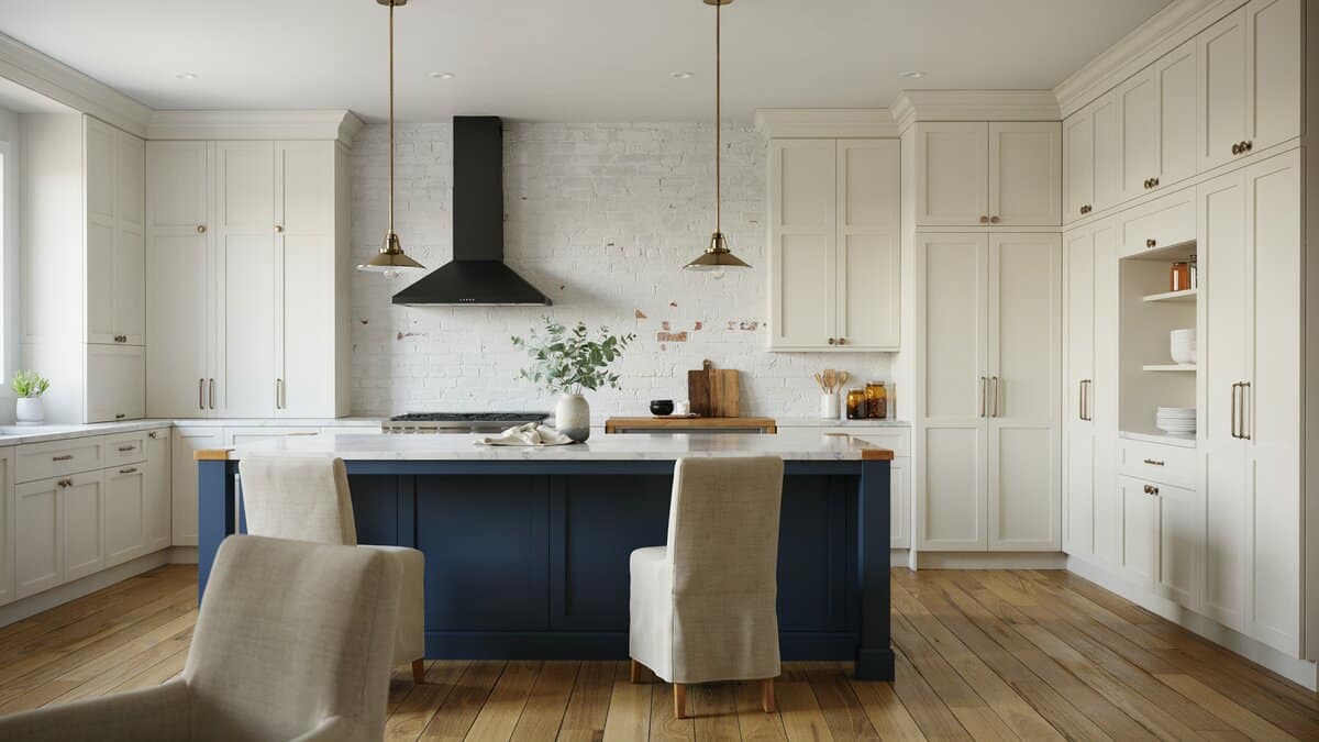 Symmetrical white kitchen with a navy marble topped island and painted brick behind the range