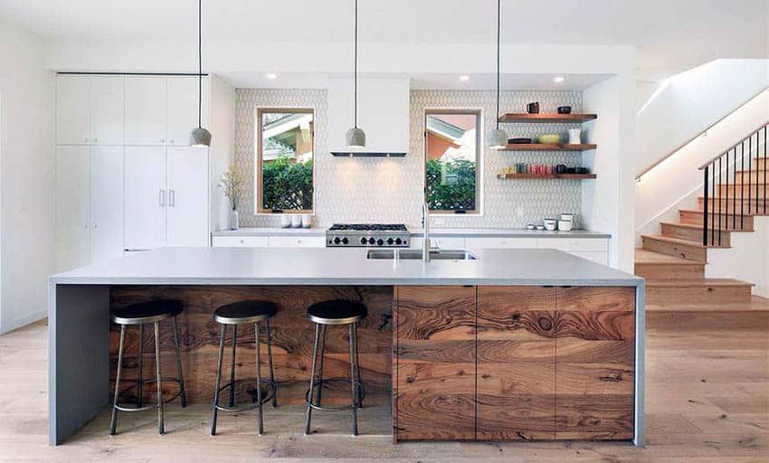 Rustic contemporary kitchen with walnut wood island and quartz countertops