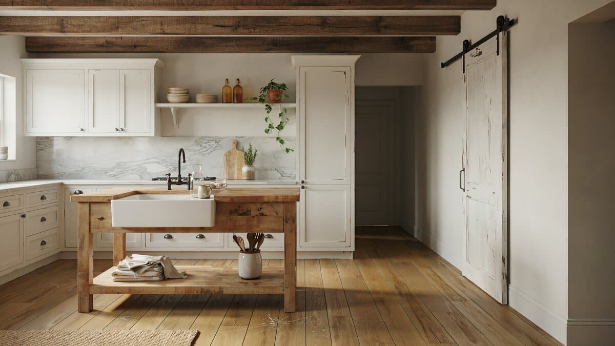 White cabinet kitchen with reclaimed wood island, apron front sink and a weathered sliding barn door