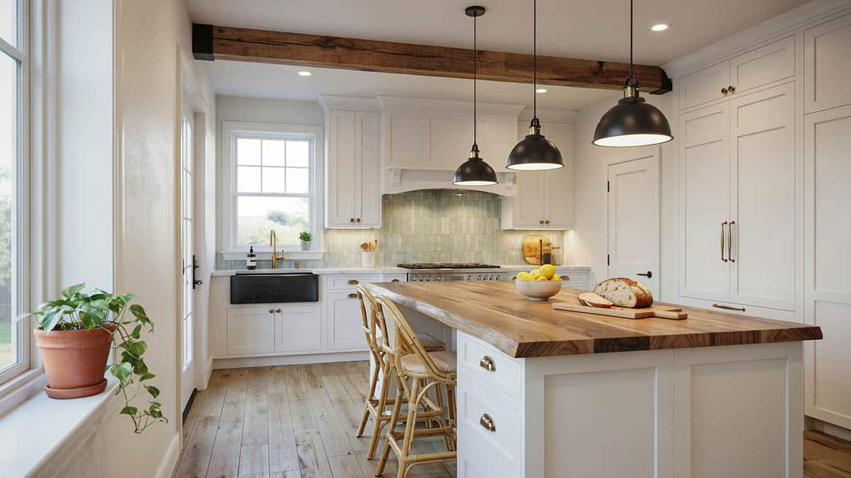 Reclaimed wood top island in kitchen