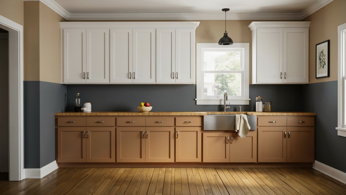 Two tone dark gray and tan walls above white uppers and brown lower cabinets