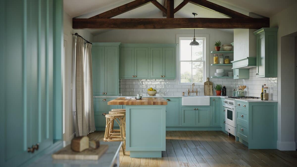 Mint green cabinets and white counters under exposed trusses with a butcher block island