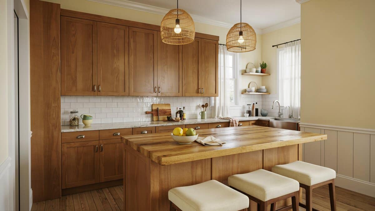 Stained raised panel cabinets and cream yellow walls behind a butcher block dining island