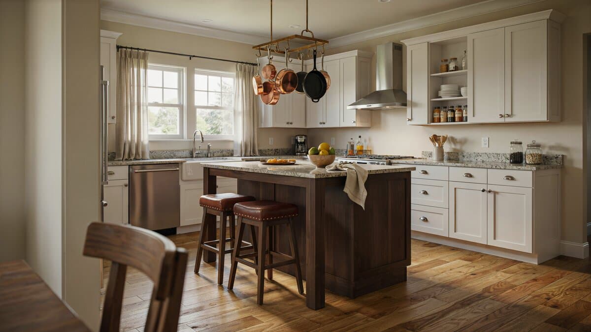 Warm beige paint framing white traditional cabinets and a dark wood granite island